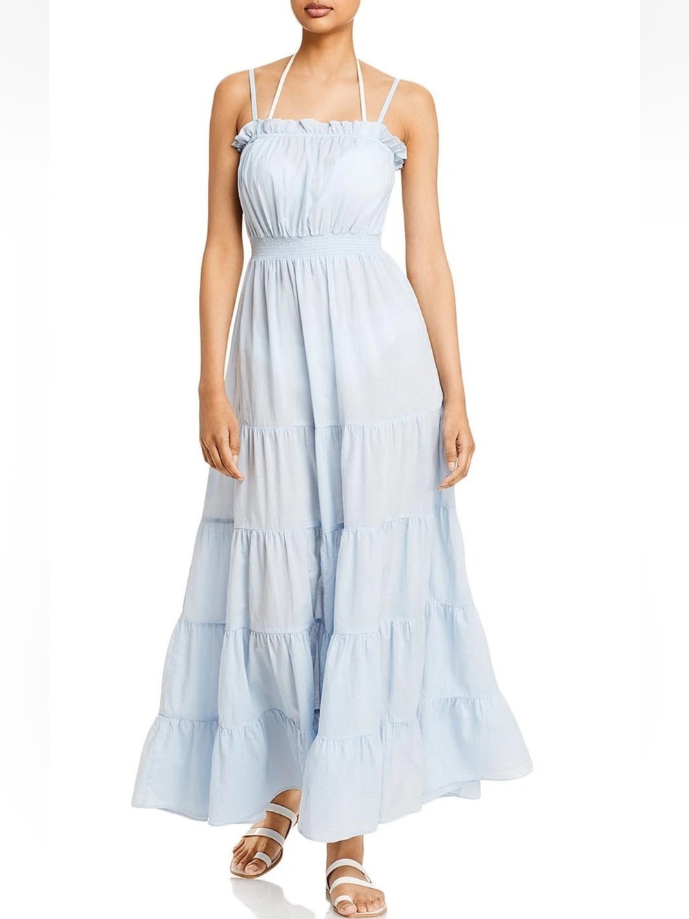 Aqua Swim Cotton Tiered Dress Swim Cover-Up Blue, Size Small Maxi Dress